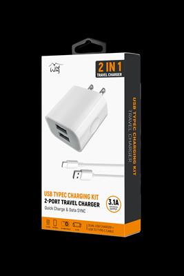 2-IN-1 3.1A Fast Dual USB Wall Charger+ Tpye C Charging Cable Cord for Samsung Note10 S8 S9 S10 in White