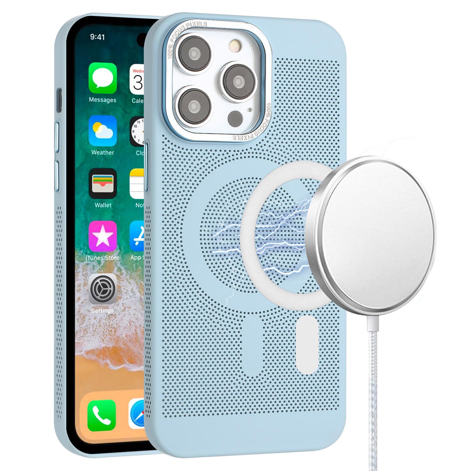 iPhone 15 Magnetic Ring Radiator Design Hybrid with Metal Buttons Case Coverr - Light Blue