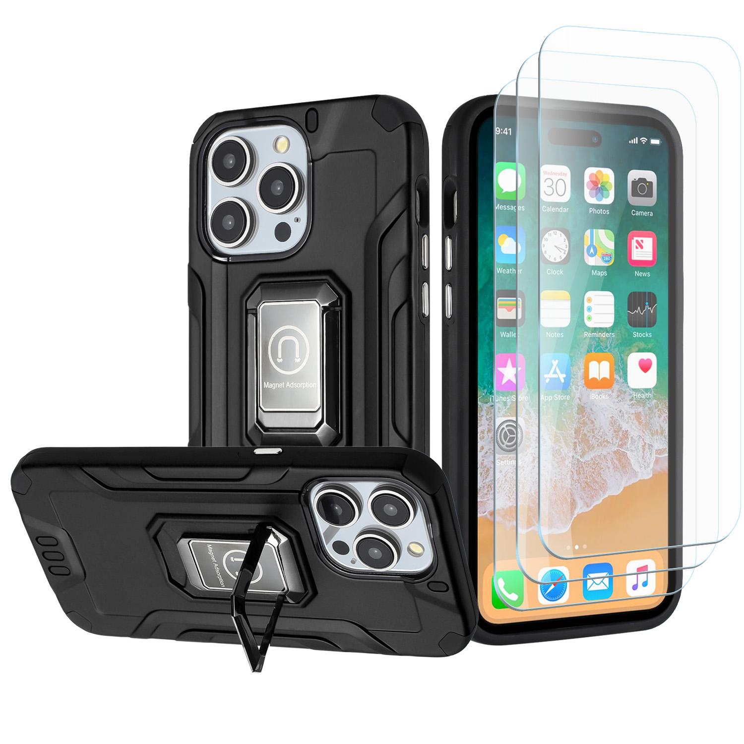 iPhone 15 Strong Tough Metallic Design Hybrid Premium Kicstand + 3X Tempered Glass - Black product