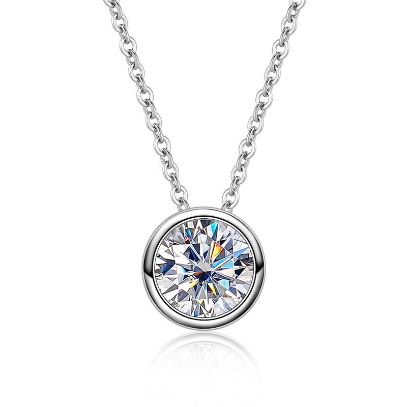 S925 Sterling Silver Round Moissanite Diamond Necklace 1ct Pendant 40+2+3cm D color VVS1
