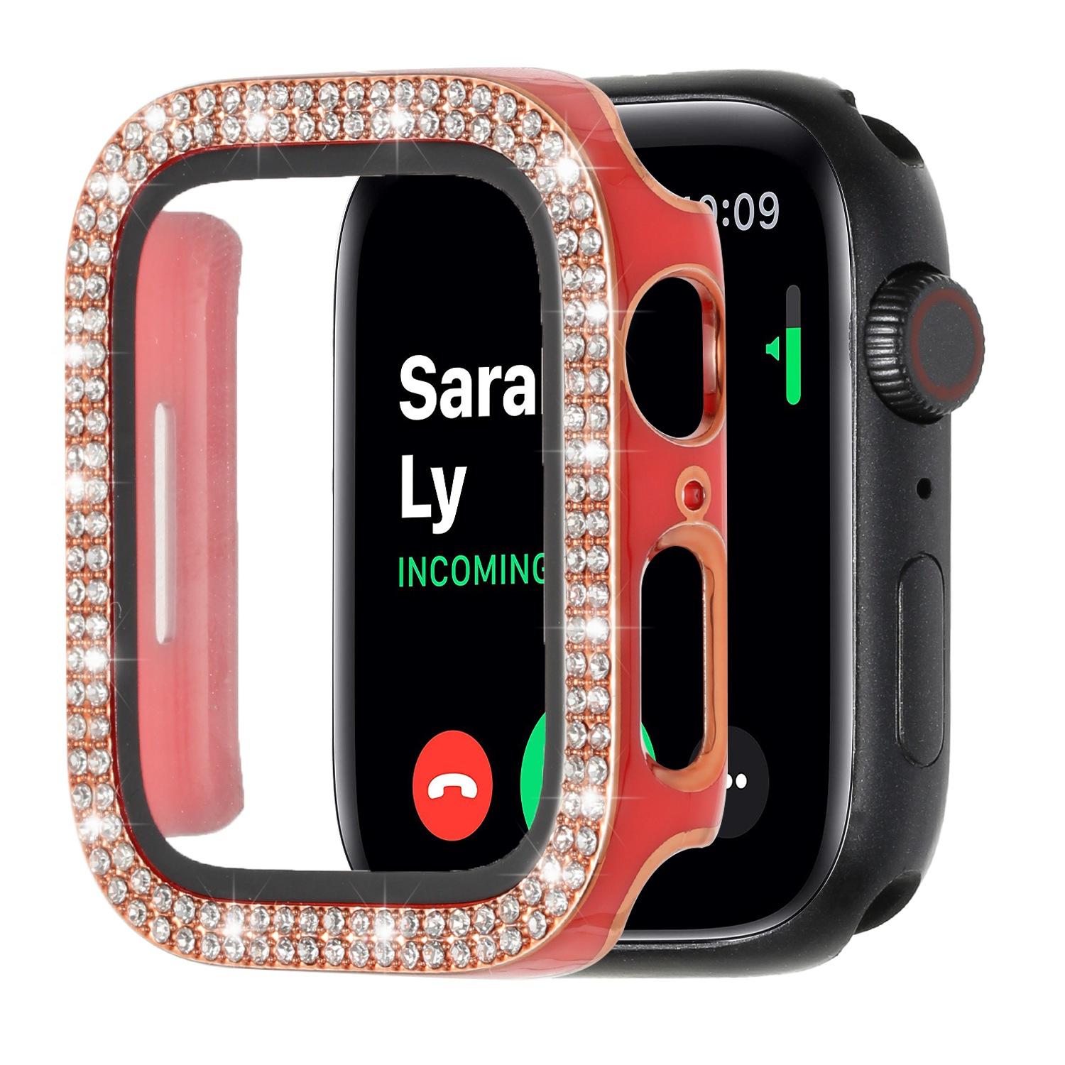 42mm Diamond Full Coverage with Tempered Glass iWatch Screen Frame - Chromed Gold+Red