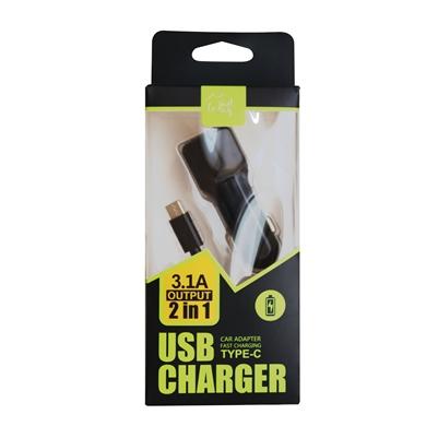 2-IN-1 Fast Dual USB Car Charger + TYPE-C Charging Cable Cord for Samsung Note8 S8 S9 S10 in Black