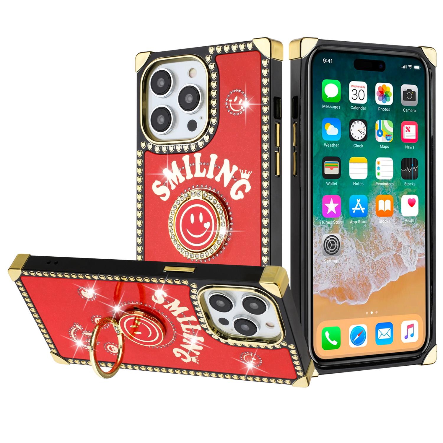 iPhone 15 Passion Square Hearts Smiling Diamond Ring Stand Case Cover - Red product