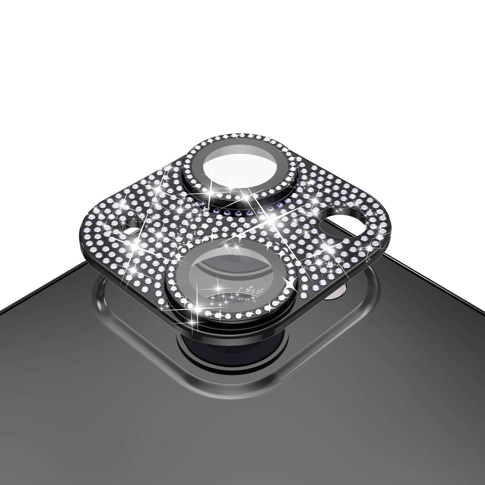 iPhone 15 Plus Diamond Bling Camera Lens Full Tempered Glass - Black