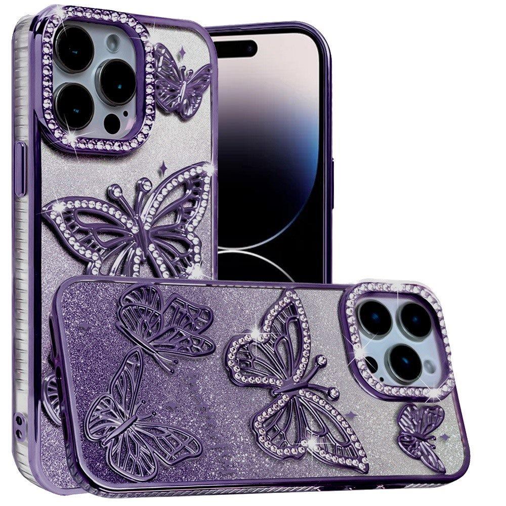 XPM for iPhone 14 Pro Max (6.7") Phone Case, Luxury Butterfly Sparkle Glitter Diamond Crystal Rhinestone Shimmer Bling Plating Thick TPU Hard PC Cover for iPhone 14 Pro Max (Purple)