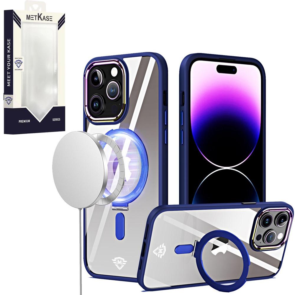 iPhone 15 METKASE Dazzle Magnetic Ring Stand Alloy Chrome Transparent Hybrid in Slide-Out Package - Navy Blue
