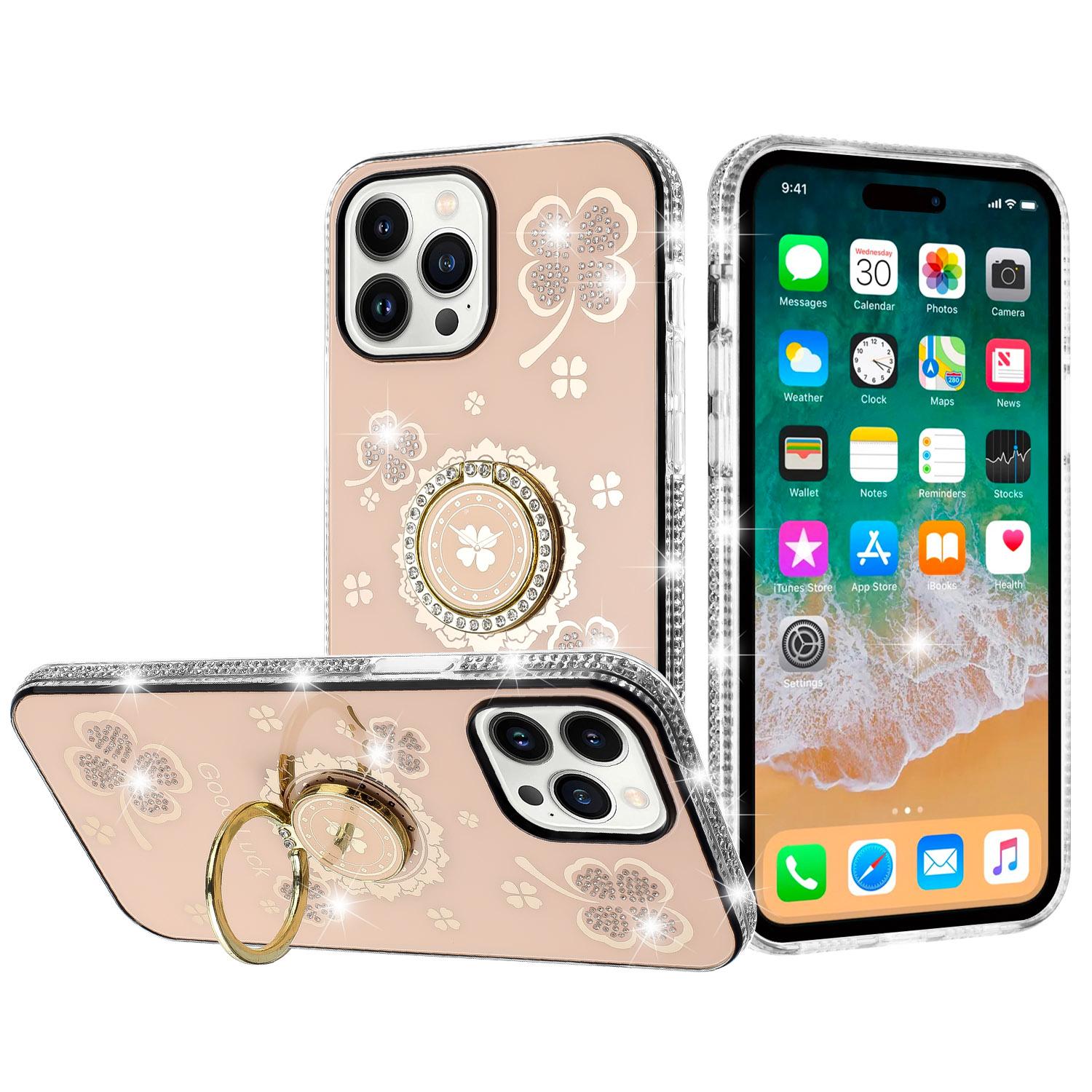 iPhone 15 Splendid Glitter with Diamonds All Around Edges Ring Stand Case Cover - Gold