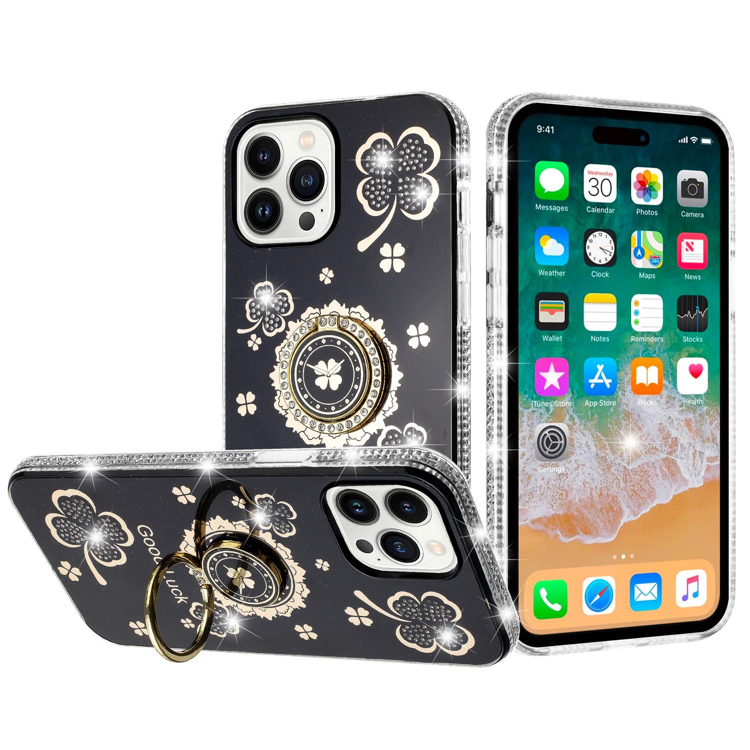 iPhone 15 Splendid Glitter with Diamonds All Around Edges Ring Stand Case Cover - Black product