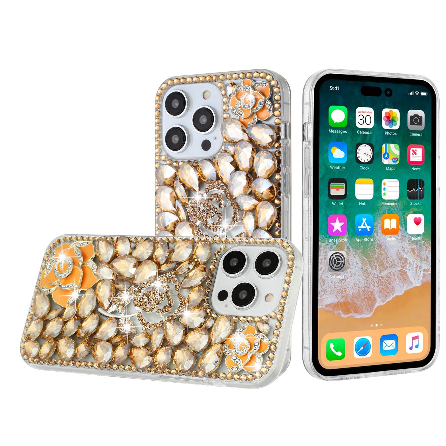 iPhone 15 Floral Full Diamond Bling Case Cover - Gold