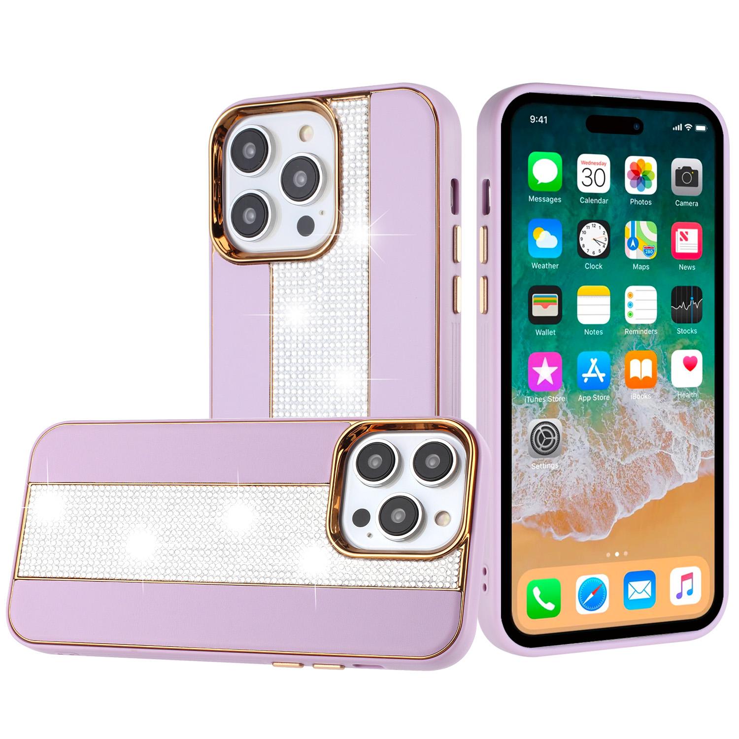 iPhone 15 Flashy Diamond Leather Sticked On Hybrid with Chrome Camera Edge - Light Purple