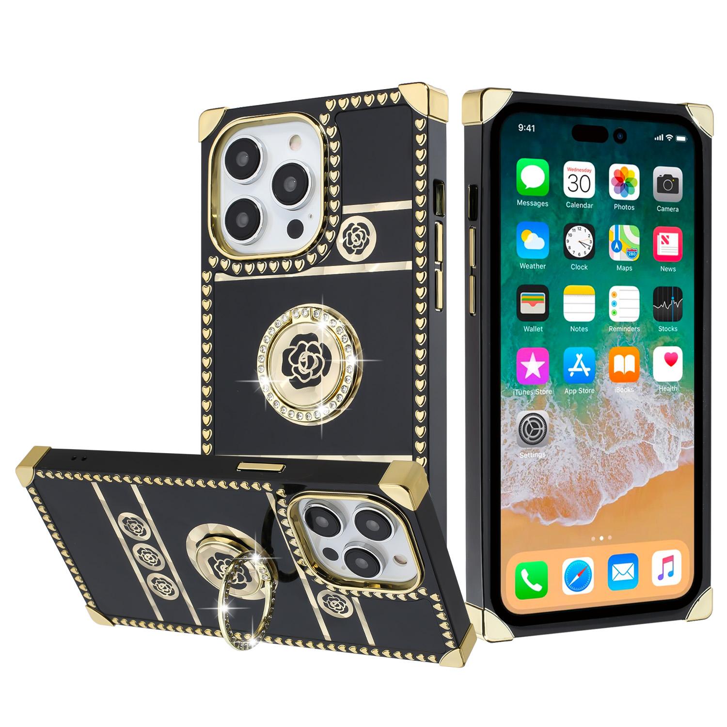 iPhone 15 SQUARE Passion Glitter Diamond Ring Stand Case Cover - BLACK CHROME J