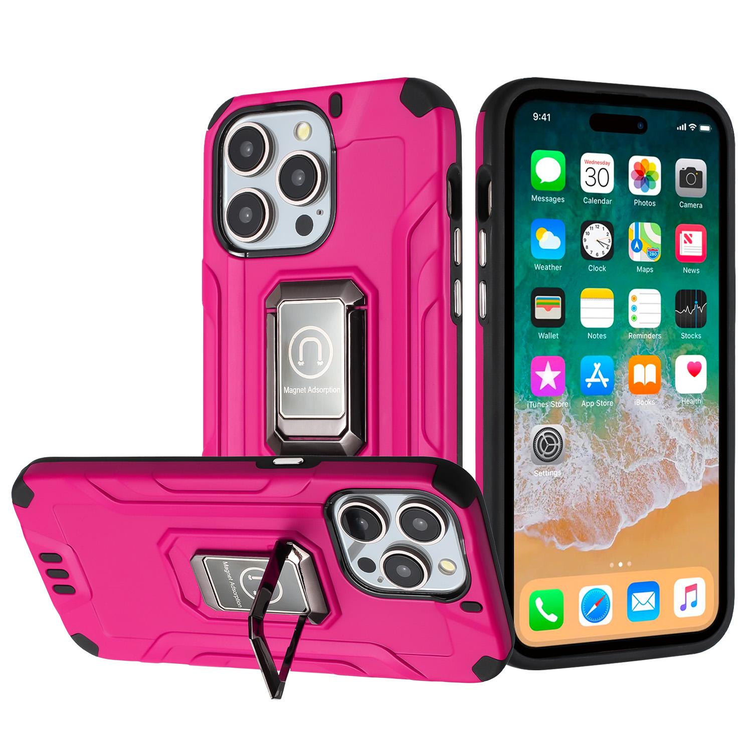 iPhone 15 Strong Tough Metallic Design Hybrid Premium Kicstand - Hot Pink