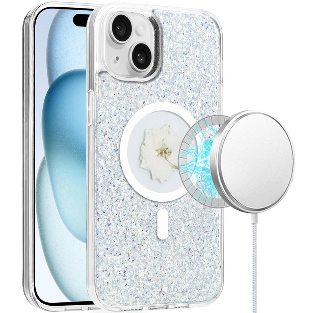 iPhone 15 Magnetic Ring Circle Real Flower Epoxy Glitter Hybrid - Silver product