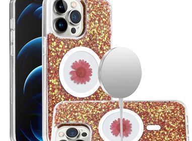 iPhone 15 Magnetic Ring Circle Real Flower Epoxy Glitter Hybrid Case Cover - Red product