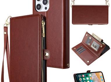 iPhone 15 Purse Style Wallet Card ID Money Holder with Zip containing Long & Short Lanyard - Brown product