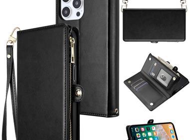 iPhone 15 Purse Style Wallet Card ID Money Holder with Zip containing Long & Short Lanyard - Black product