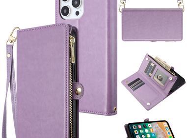 iPhone 15 Purse Style Wallet Card ID Money Holder with Zip containing Long & Short Lanyard - Bright Purple product