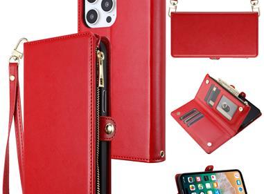 iPhone 15 Purse Style Wallet Card ID Money Holder with Zip containing Long & Short Lanyard - Red product
